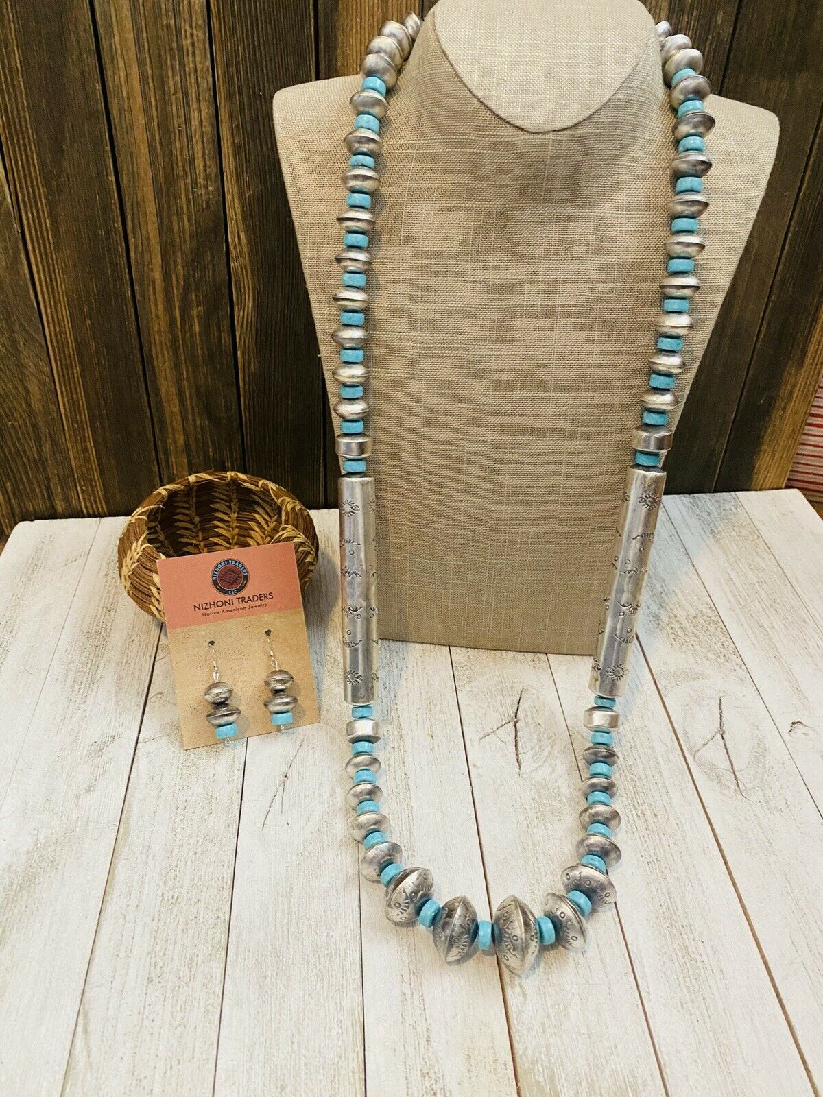 Navajo Sterling Silver & Turquoise Beaded Necklace & Earrings Set