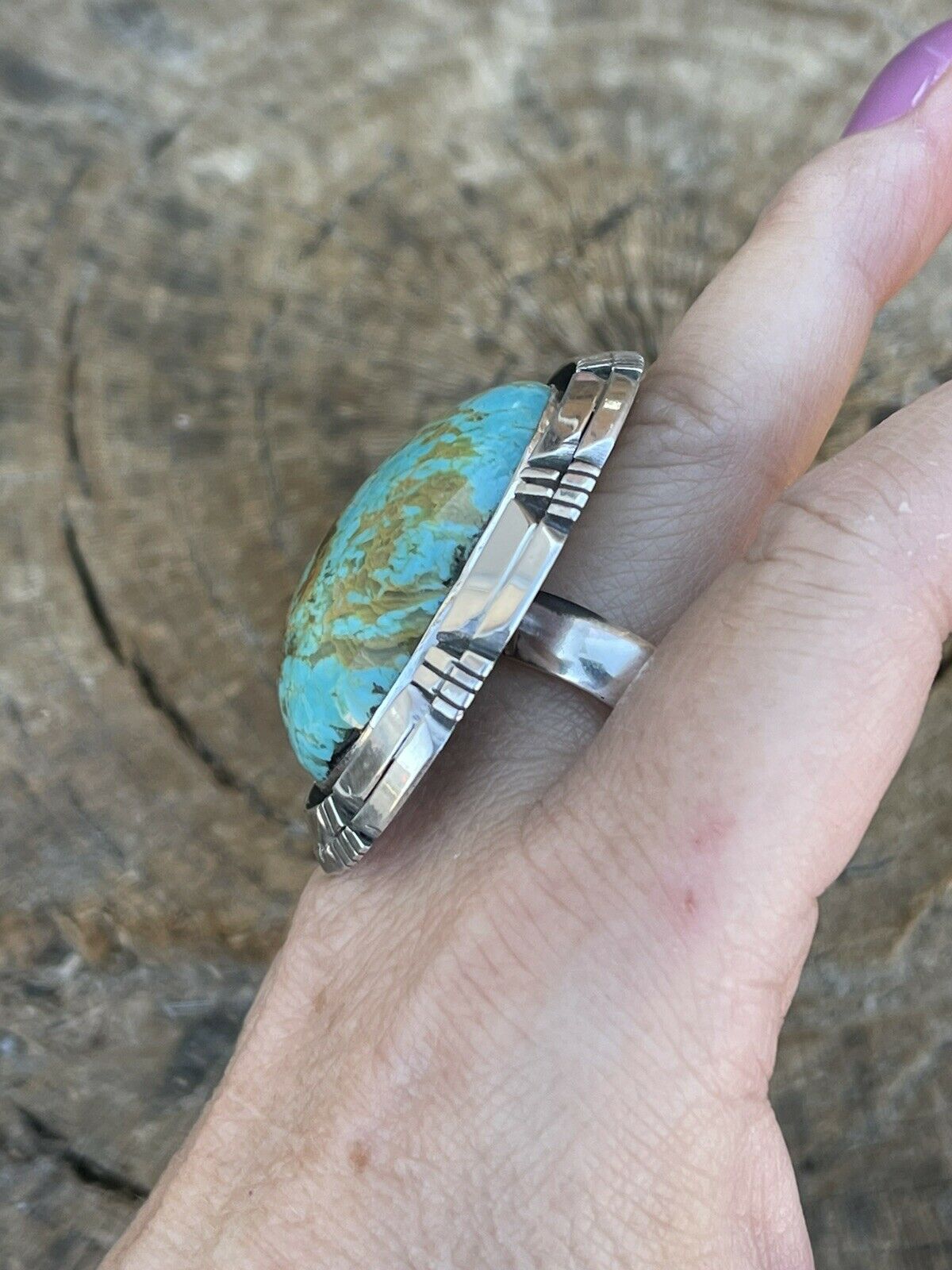 Navajo Sterling Silver Turquoise Shadow Box Ring Sz 8.5