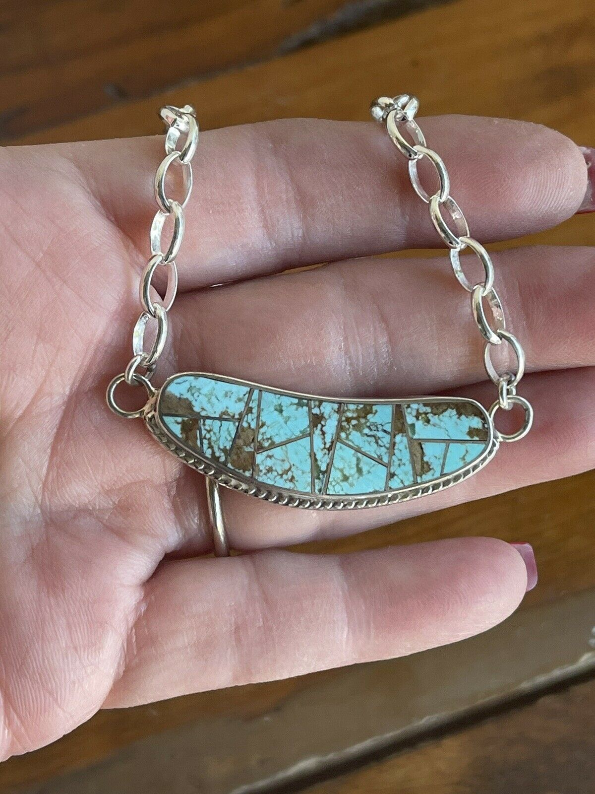 Navajo Sterling Silver & Turquoise Inlay Sleek Pendant Necklace