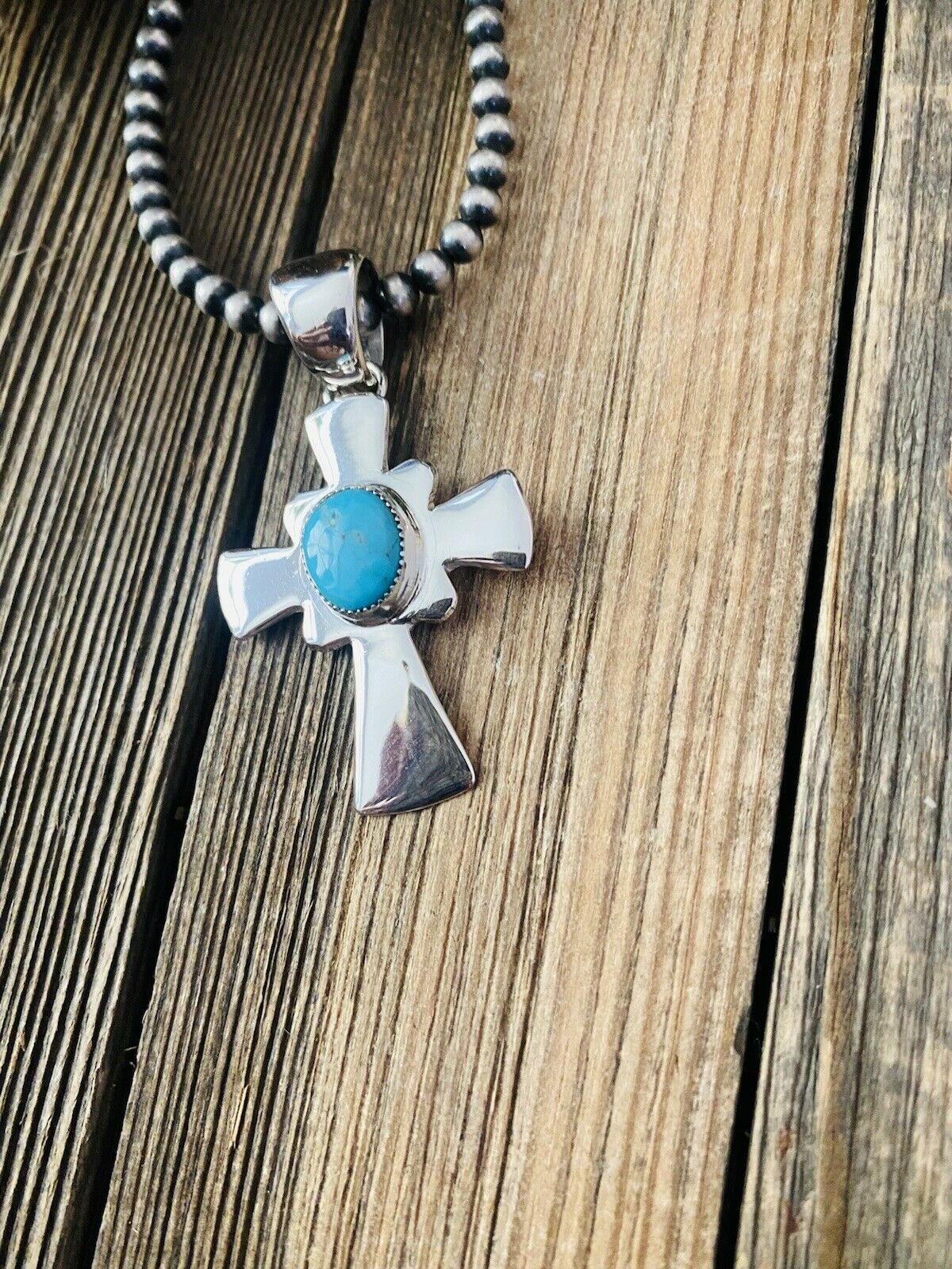 Navajo Sterling Silver & Turquoise Cross Pendant Signed