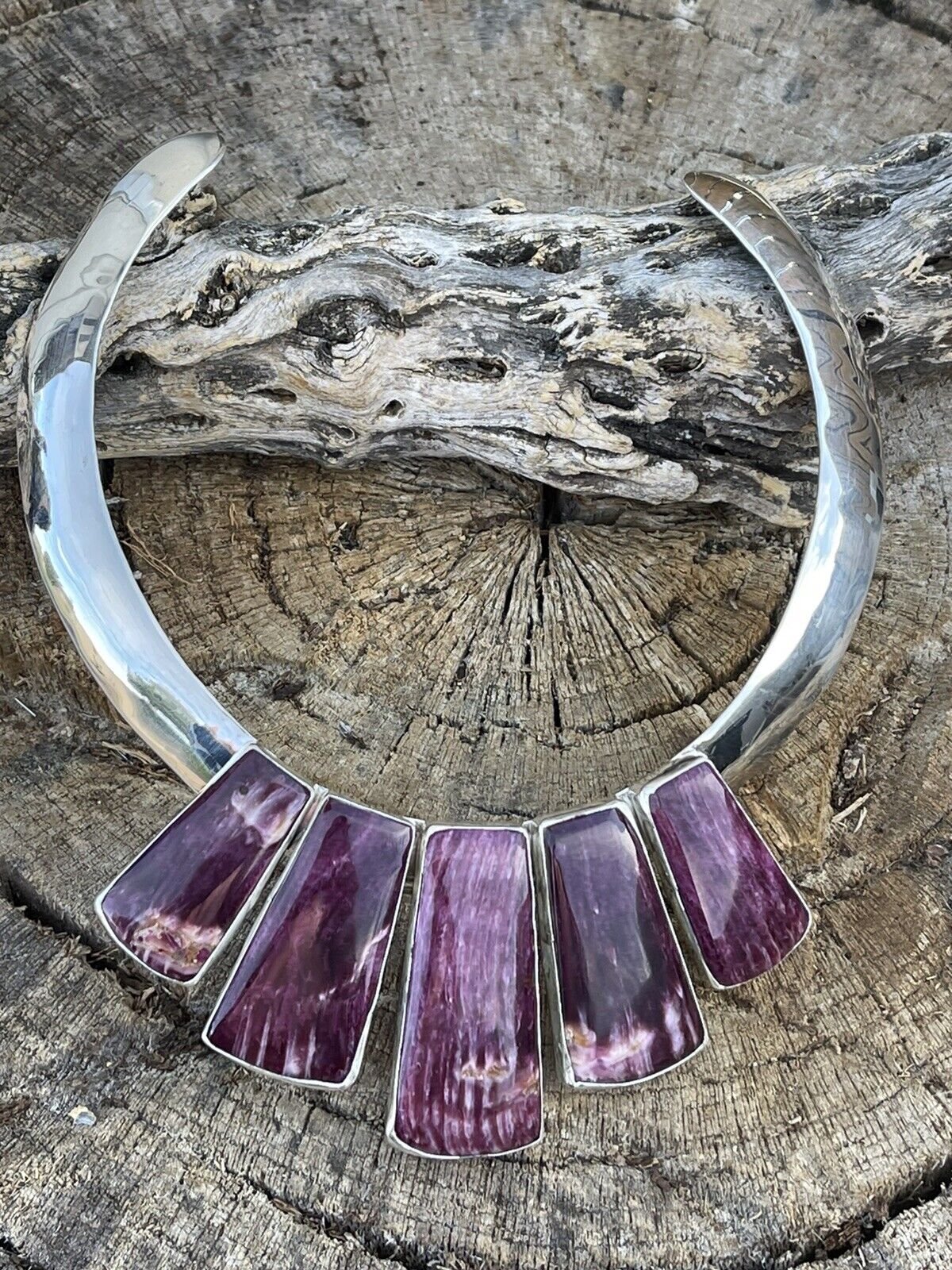 Navajo Sterling Silver & Spiny 5 Stone Choker Necklace Signed