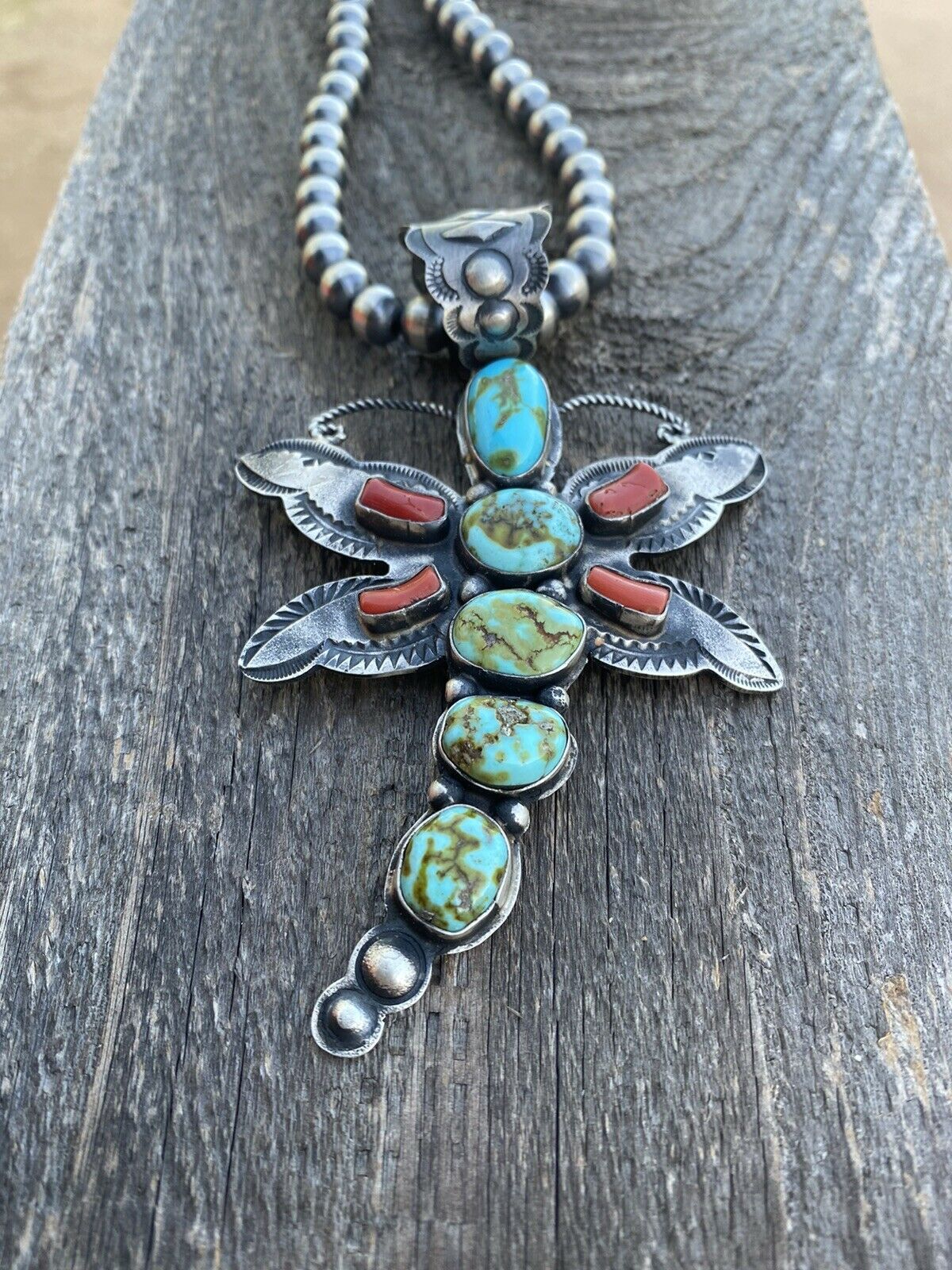 Shawn Cayatenito Sterling Silver Kingman  Turquoise & Coral Dragonfly Pendant