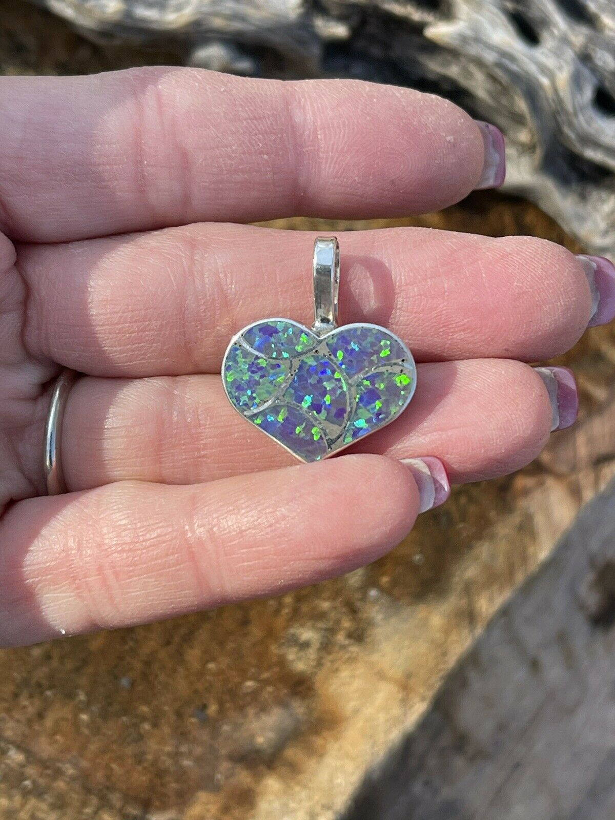 Zuni Iridescent Green Opal & Sterling Silver Heart Pendant