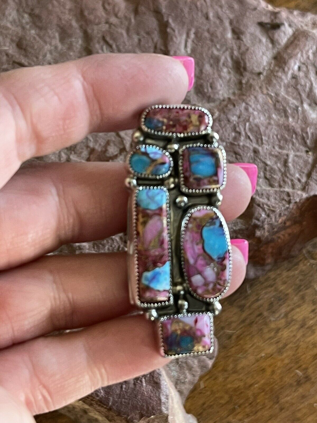 Navajo 6 stone Pink Dream Mojave & Sterling Silver Ring Size 7