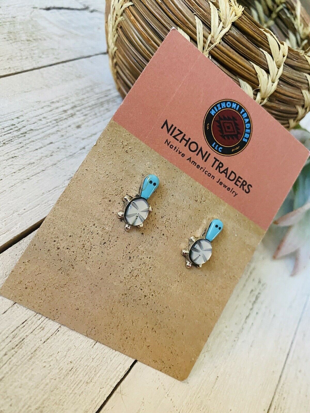 Zuni Sterling Silver, Turquoise & Mother Of Pearl Turtle Stud Earrings