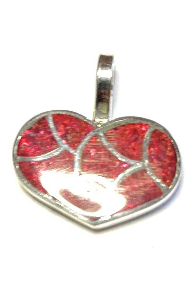 Zuni Iridescent Red Opal & Sterling Silver Heart Pendant