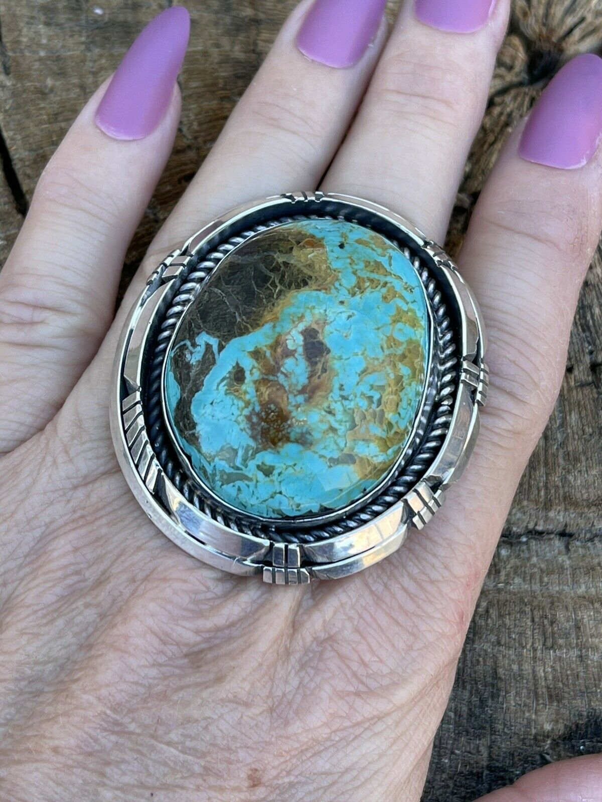 Navajo Sterling Silver Turquoise Shadow Box Ring Sz 8.5