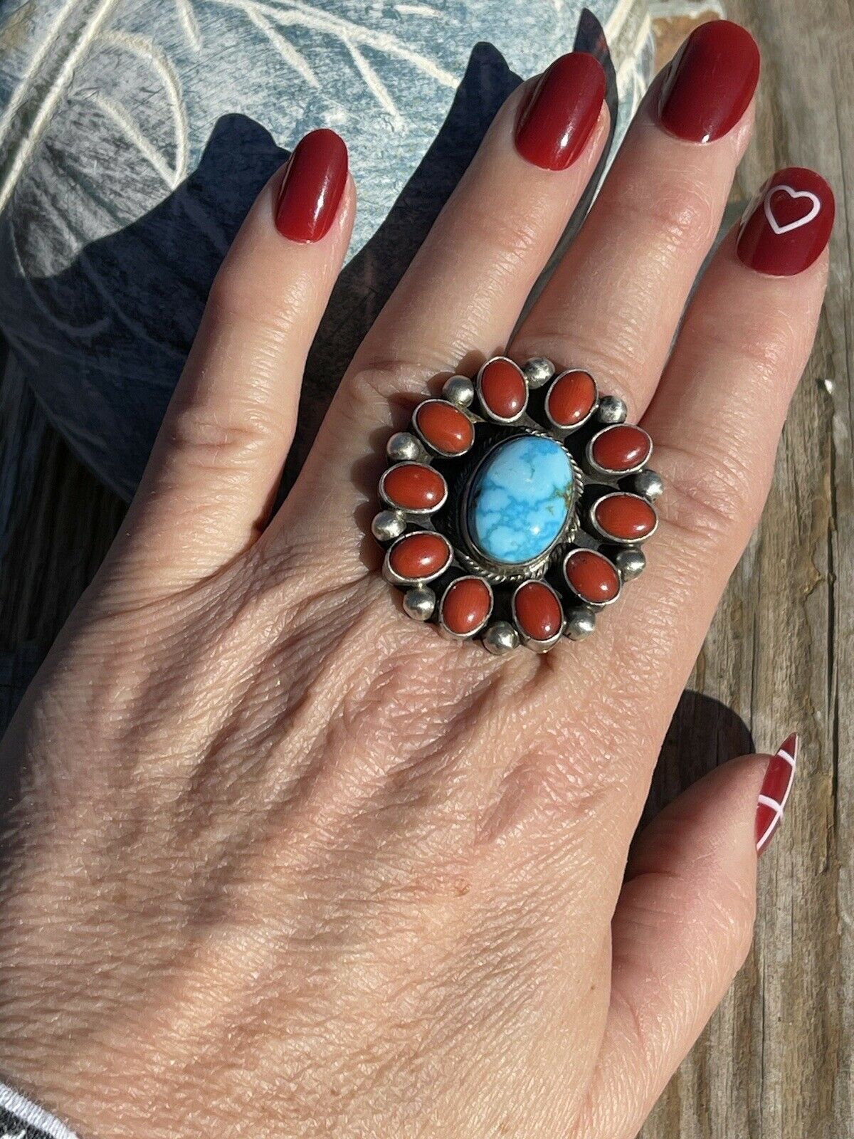 Navajo Sterling Silver Kingman Web Turquoise & Red Coral Taos Ring Sz 5.5