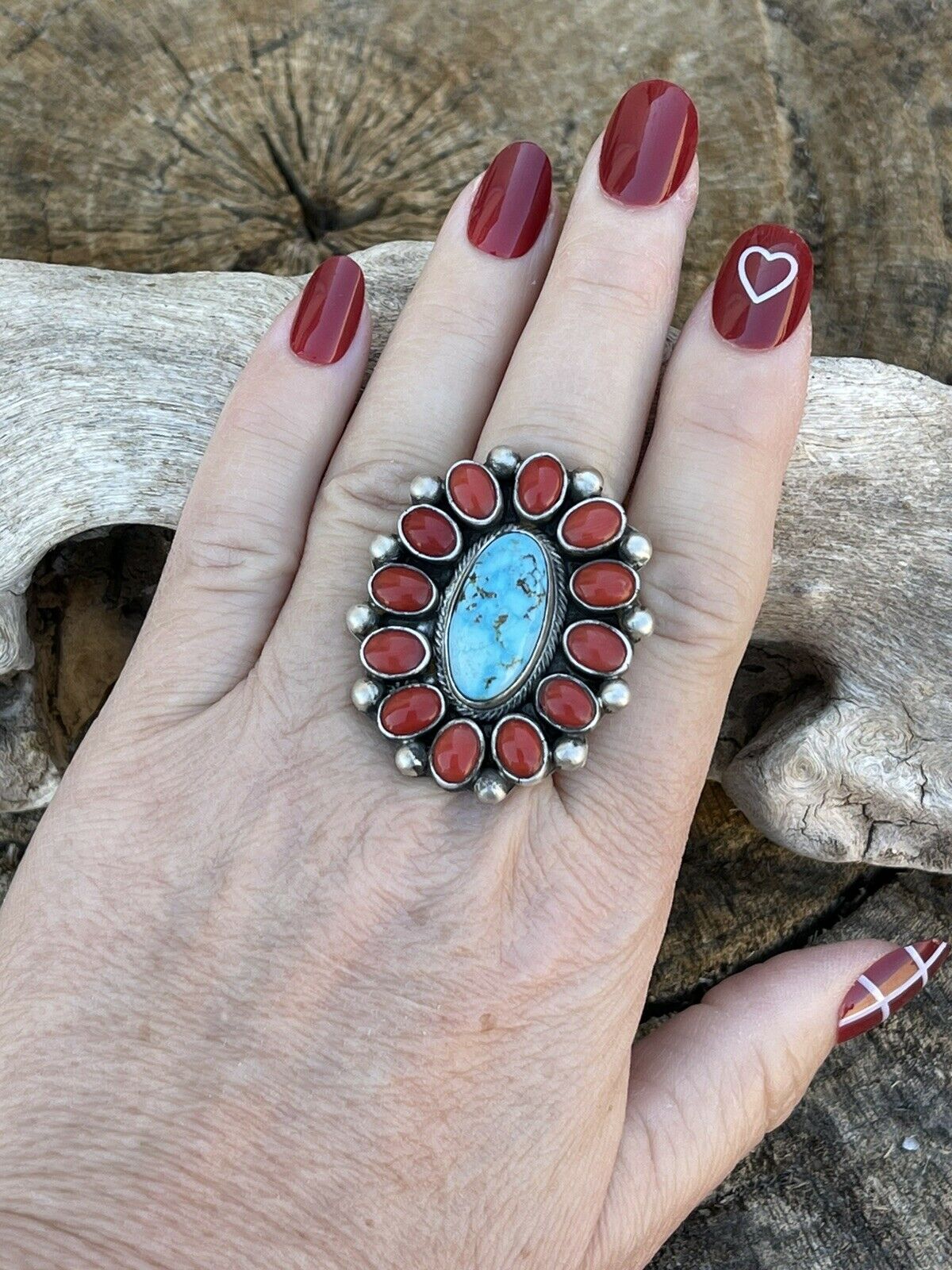 Navajo Sterling Silver Kingman Web Turquoise & Red Coral Taos Ring Sz 7.5