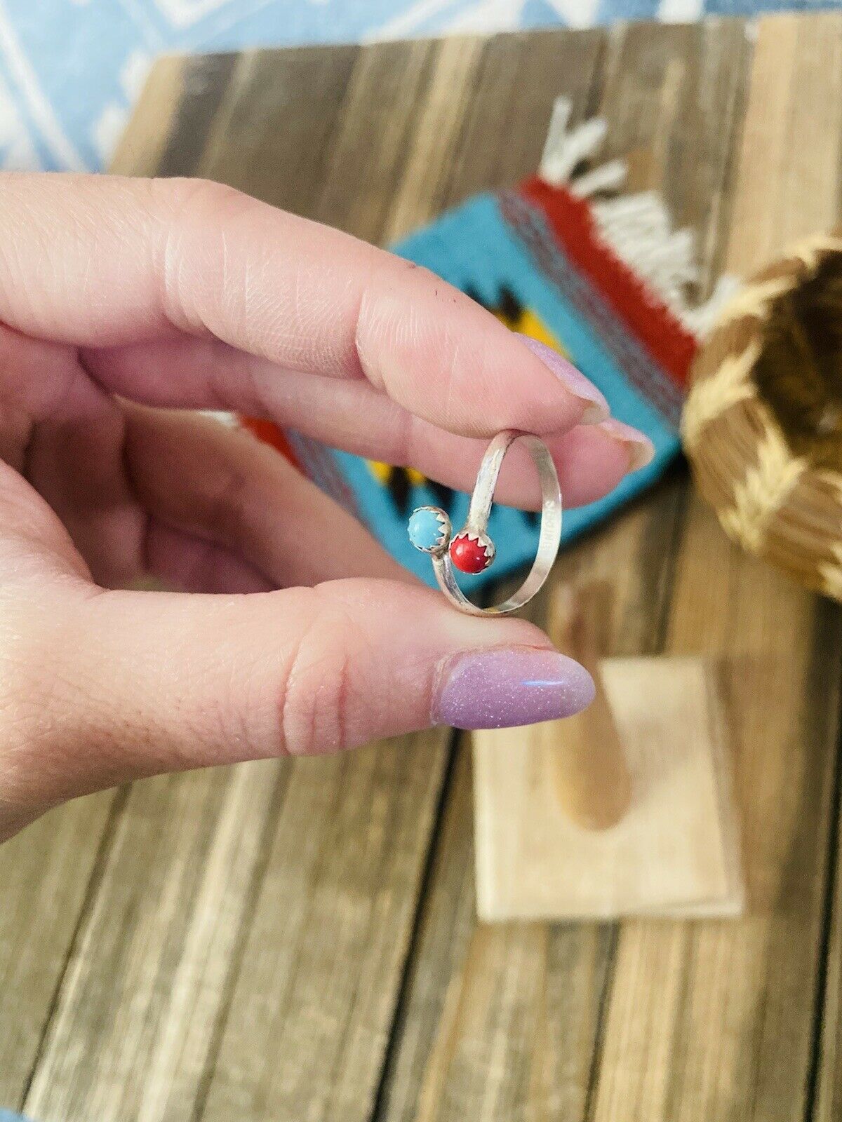 Navajo Sterling Silver, Coral & Turquoise Adjustable Ring