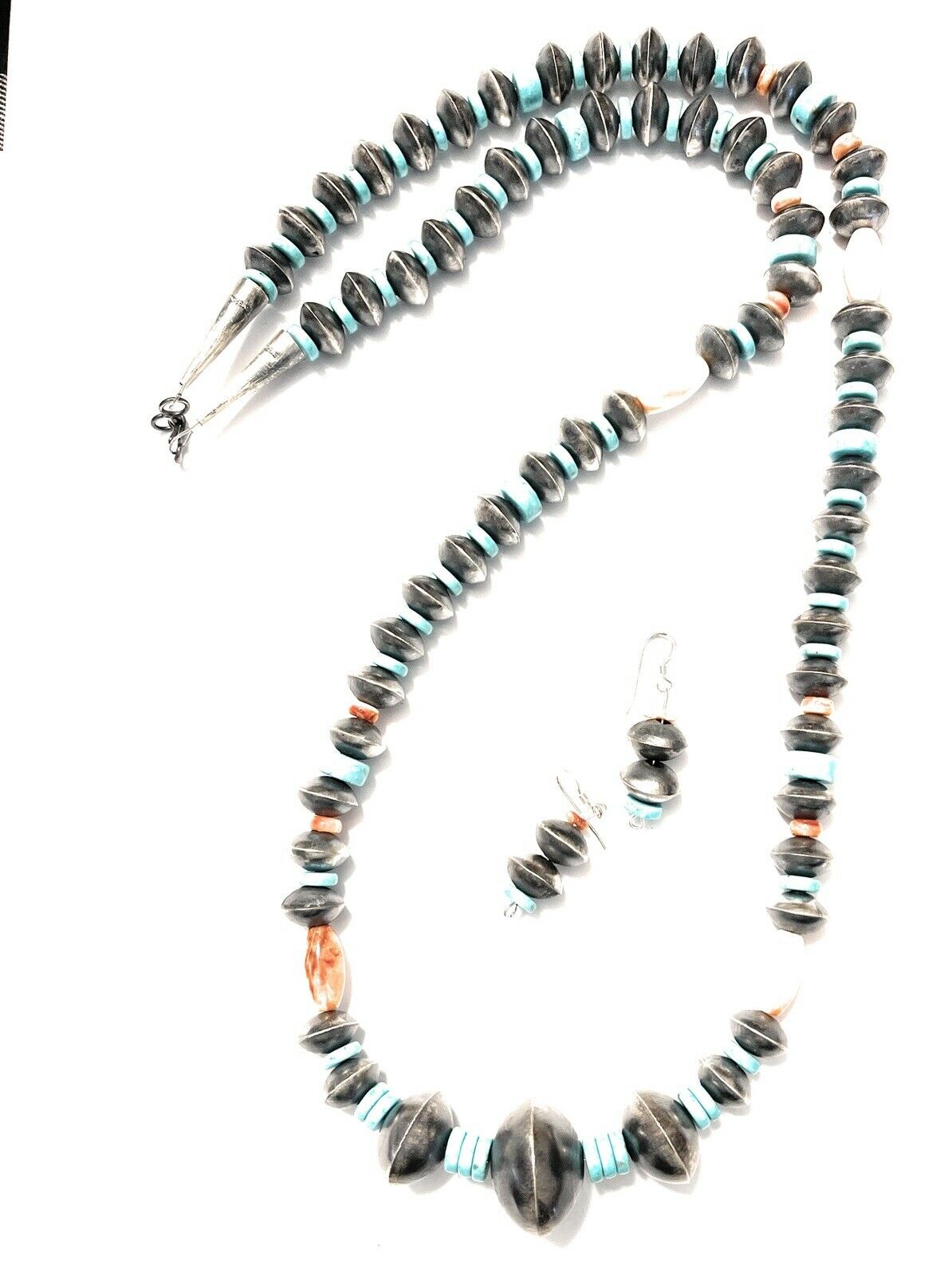 Navajo Sterling Silver Handmade Turquoise and Spiny Beaded Necklace Set