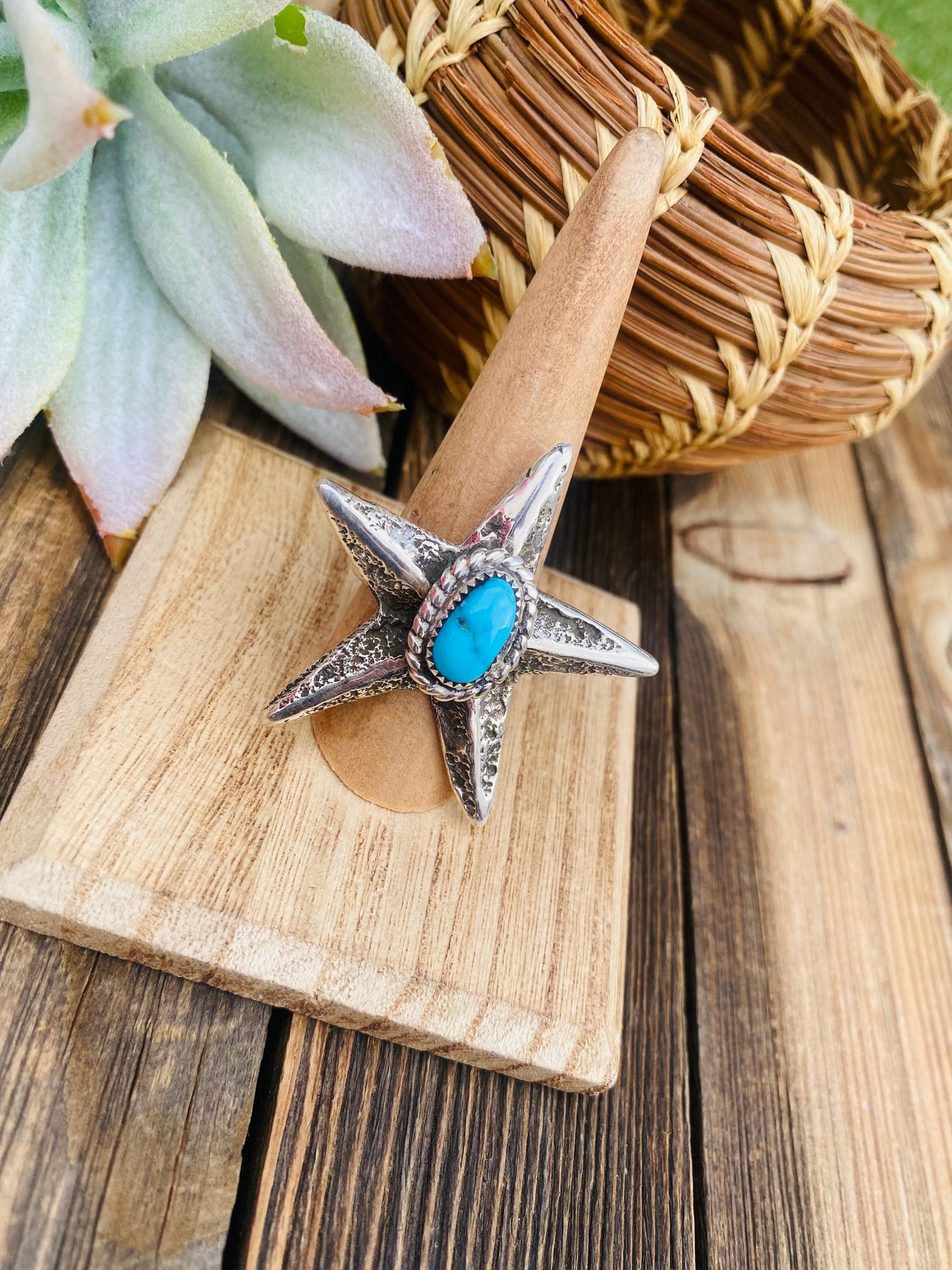 Navajo Turquoise & Sterling Silver Star Ring Size 7.5 Signed