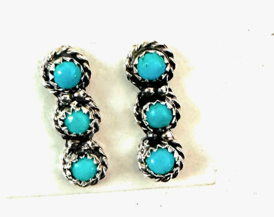 Navajo Sterling Silver & Turquoise 3-Stone Stud Earrings