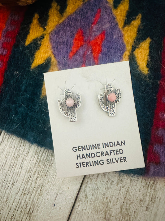 Navajo Sterling Silver & Queen Pink Conch Shell Cactus Stud Earrings