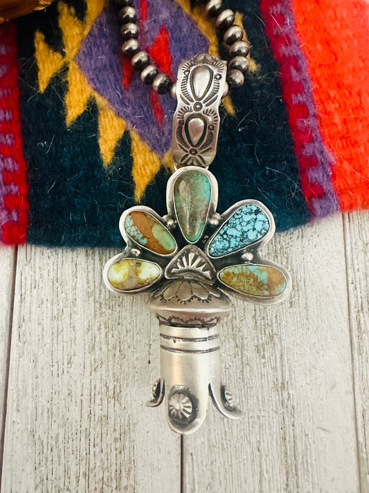 Navajo Multi Turquoise & Sterling Silver Blossom Pendant by Russell Sam