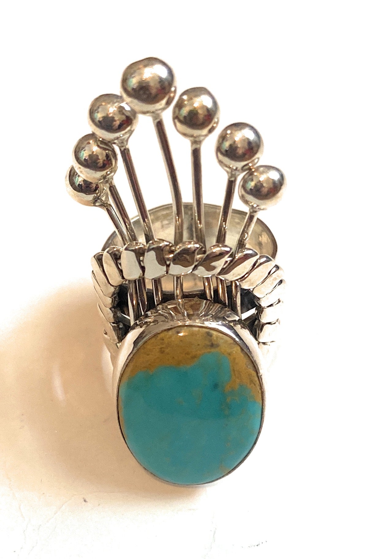 Navajo Royston Turquoise & Sterling Silver Crown Ring Size 7.5