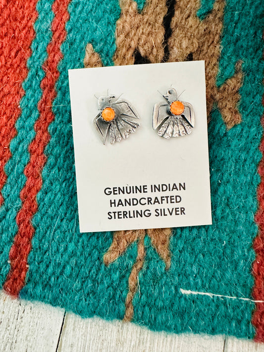 Navajo Sterling Silver & Orange Spiny Thunderbird Stud Earrings