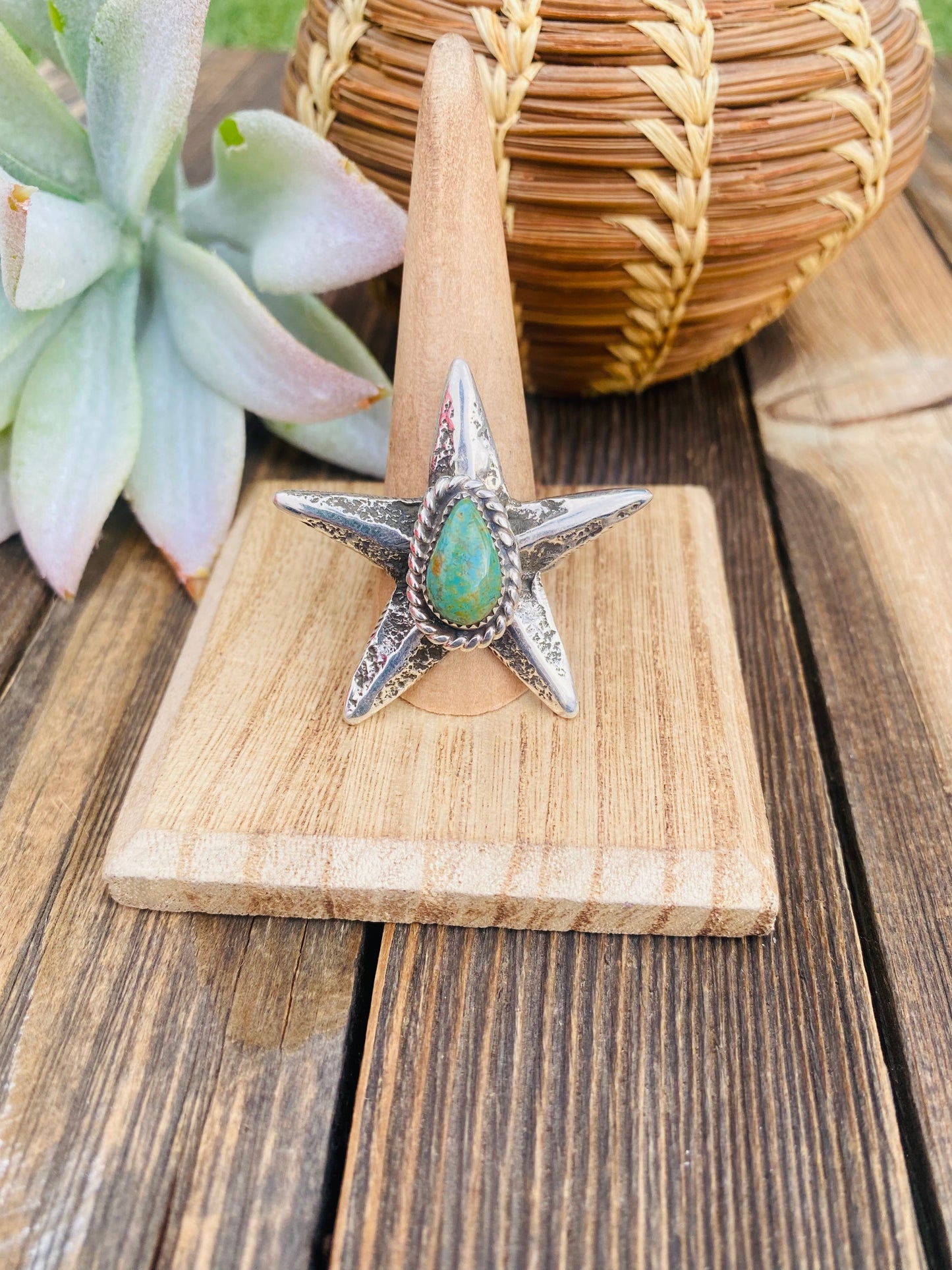 Navajo Royston Turquoise & Sterling Silver Star Ring Size 10.5 Signed
