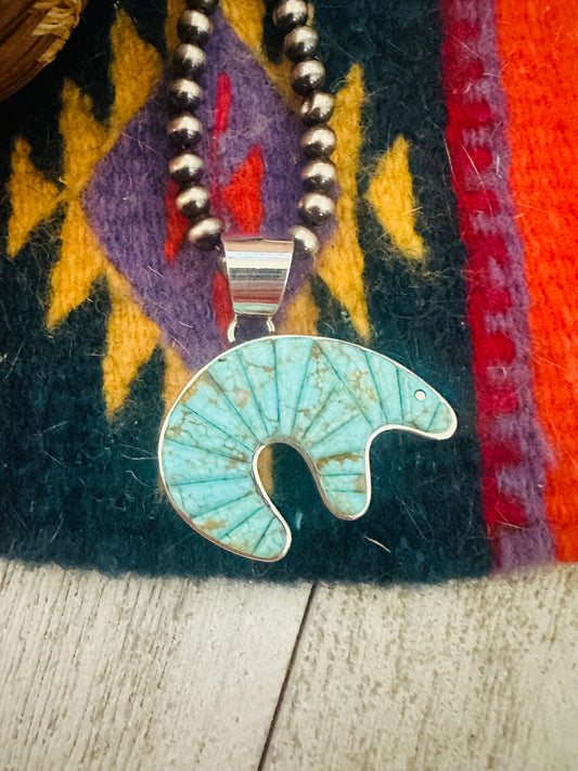 Navajo Turquoise & Sterling Silver Inlay Bear Pendant