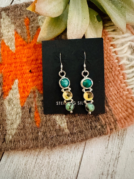 Navajo Turquoise, Quartz & Sterling Silver Dangle Earrings