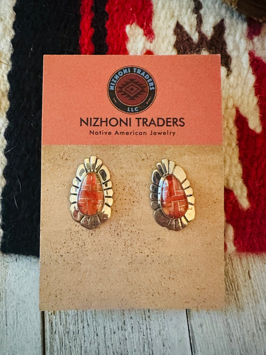 Vintage Old Pawn Navajo Sterling Silver & Spiny Inlay Post Earrings