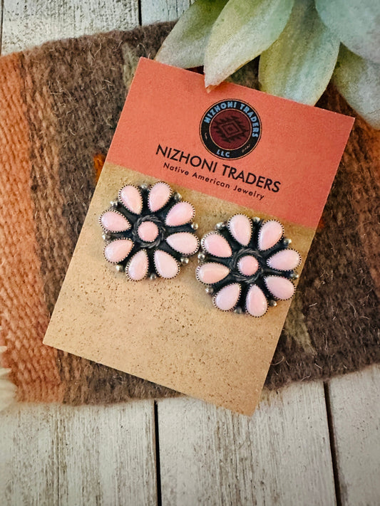 Navajo Queen Pink Conch & Sterling Silver Cluster Stud Earrings