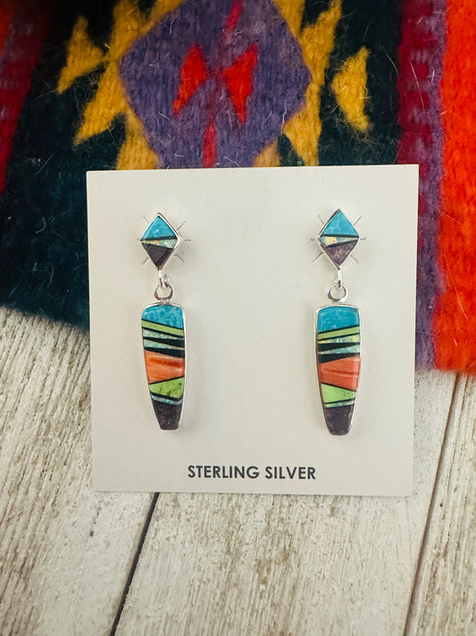 Navajo Multi Stone & Sterling Silver Inlay Dangle Earrings