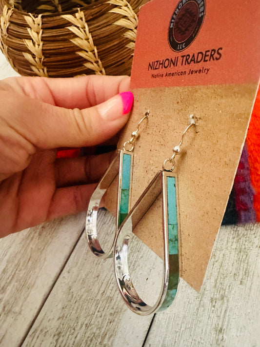 Zuni Sterling Silver & Turquoise Inlay Teardrop Dangle Hoop Earrings