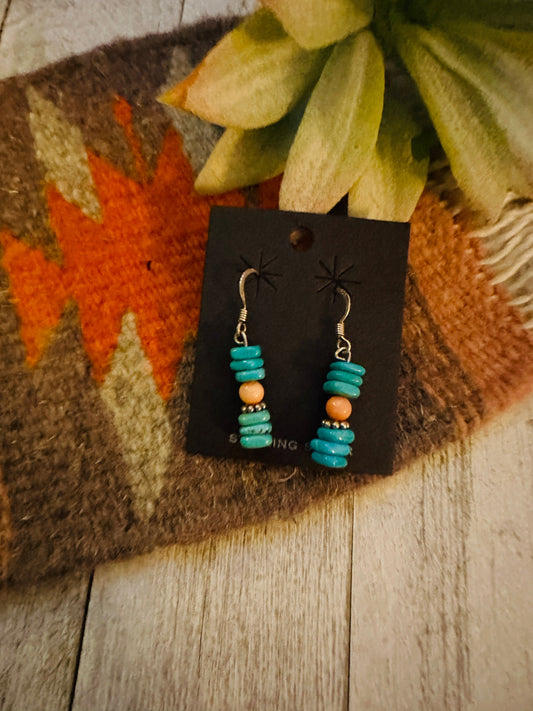 Navajo Turquoise, Spiny & Sterling Silver Beaded Dangle Earrings