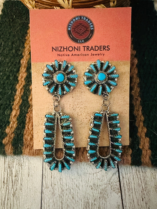 Vintage Old Pawn Zuni Turquoise & Sterling Silver Dangle Earrings