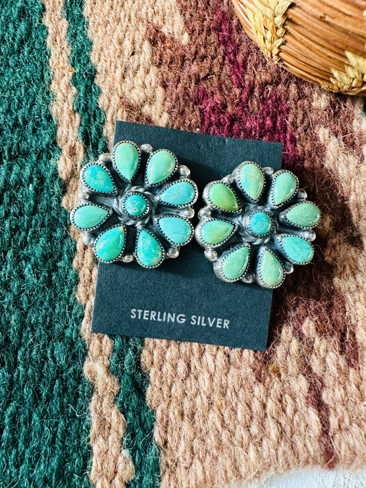 Navajo Sterling Silver & Green Turquoise Cluster Stud Earrings 1 1/8”