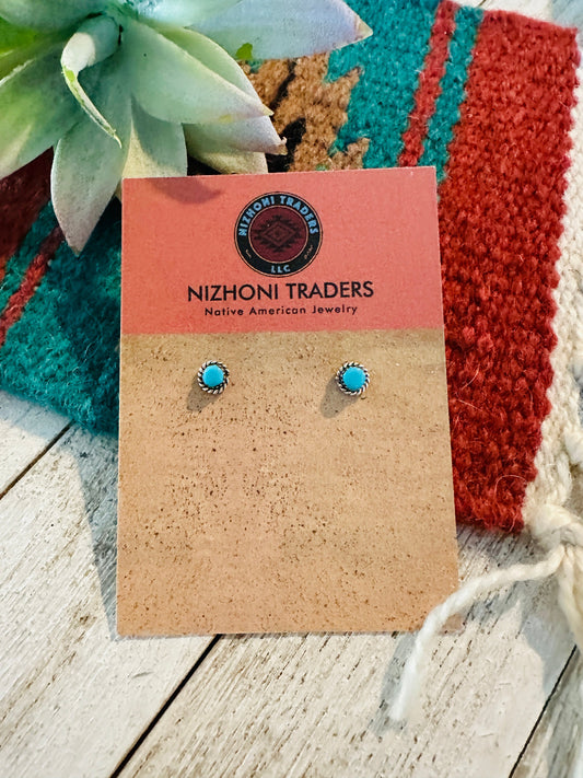 Navajo Turquoise and Sterling Silver Mini Stud Earrings T1