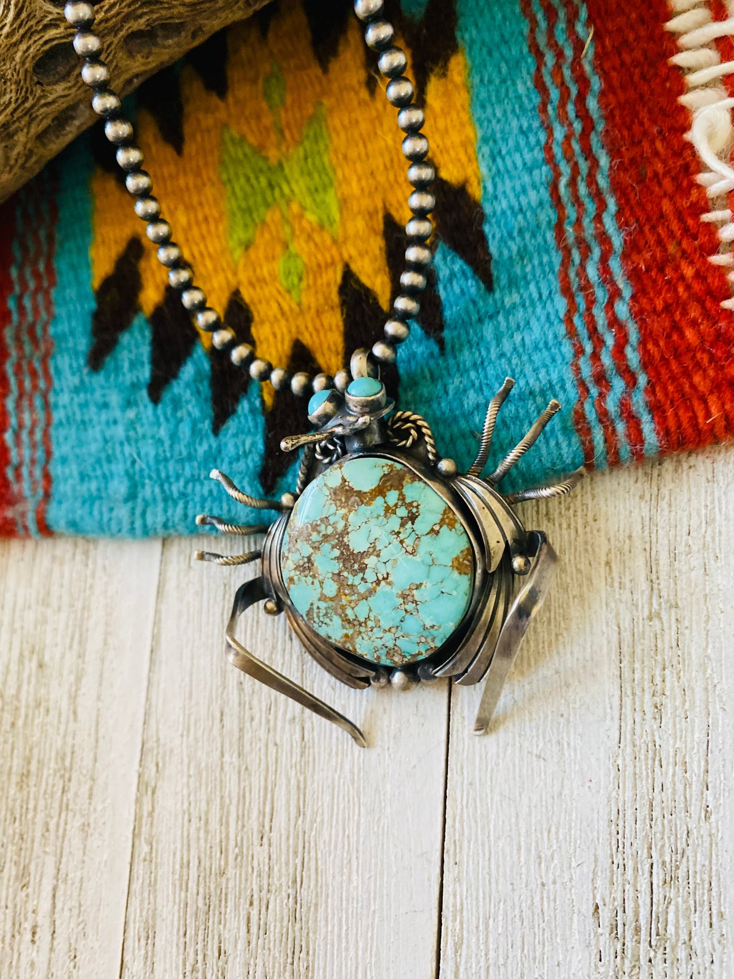 Navajo Sterling Silver & Number 8 Mountain Beetle Turquoise Pendant