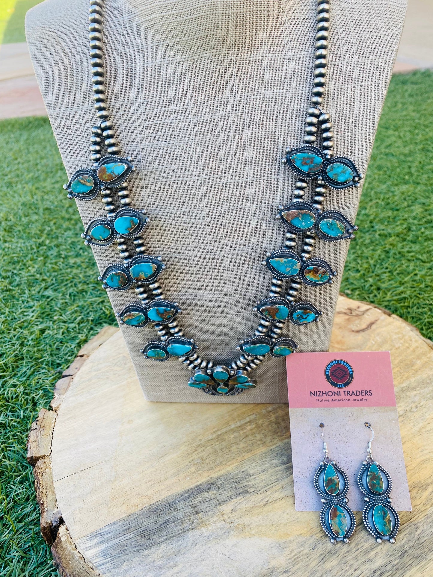 Navajo Sterling Silver & Royston Turquoise Squash Necklace Set Signed