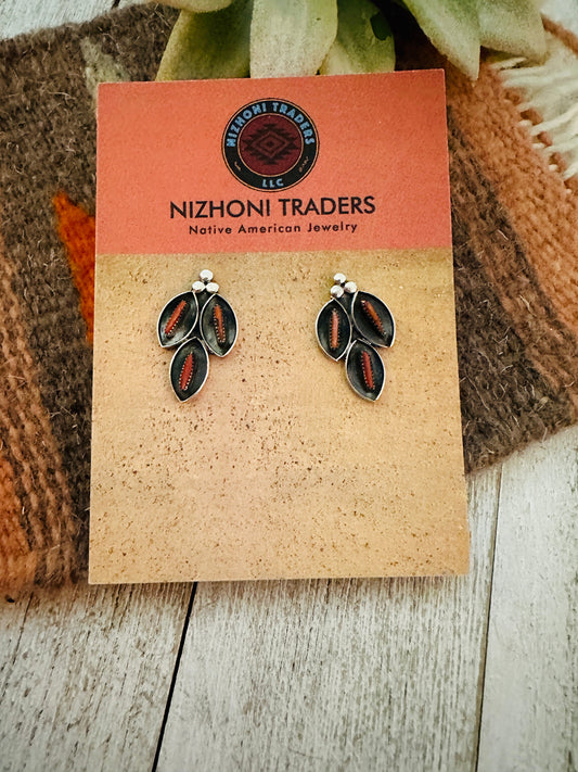 Zuni Coral & Sterling Silver Needlepoint Post Earrings