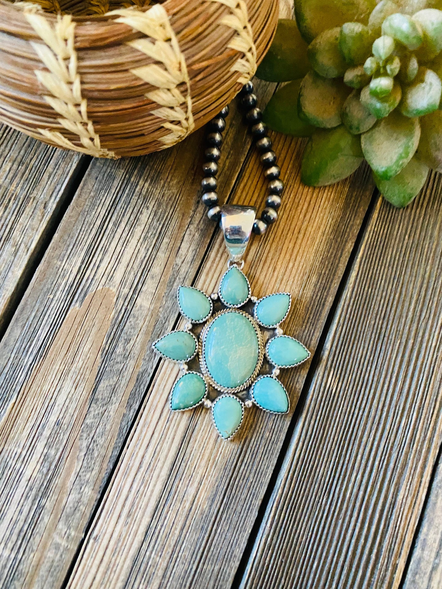Navajo Sterling Silver & Kingman Turquoise Cluster Pendant Signed