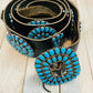 Vintage Navajo Black Leather And Sterling Silver Turquoise Cluster Belt