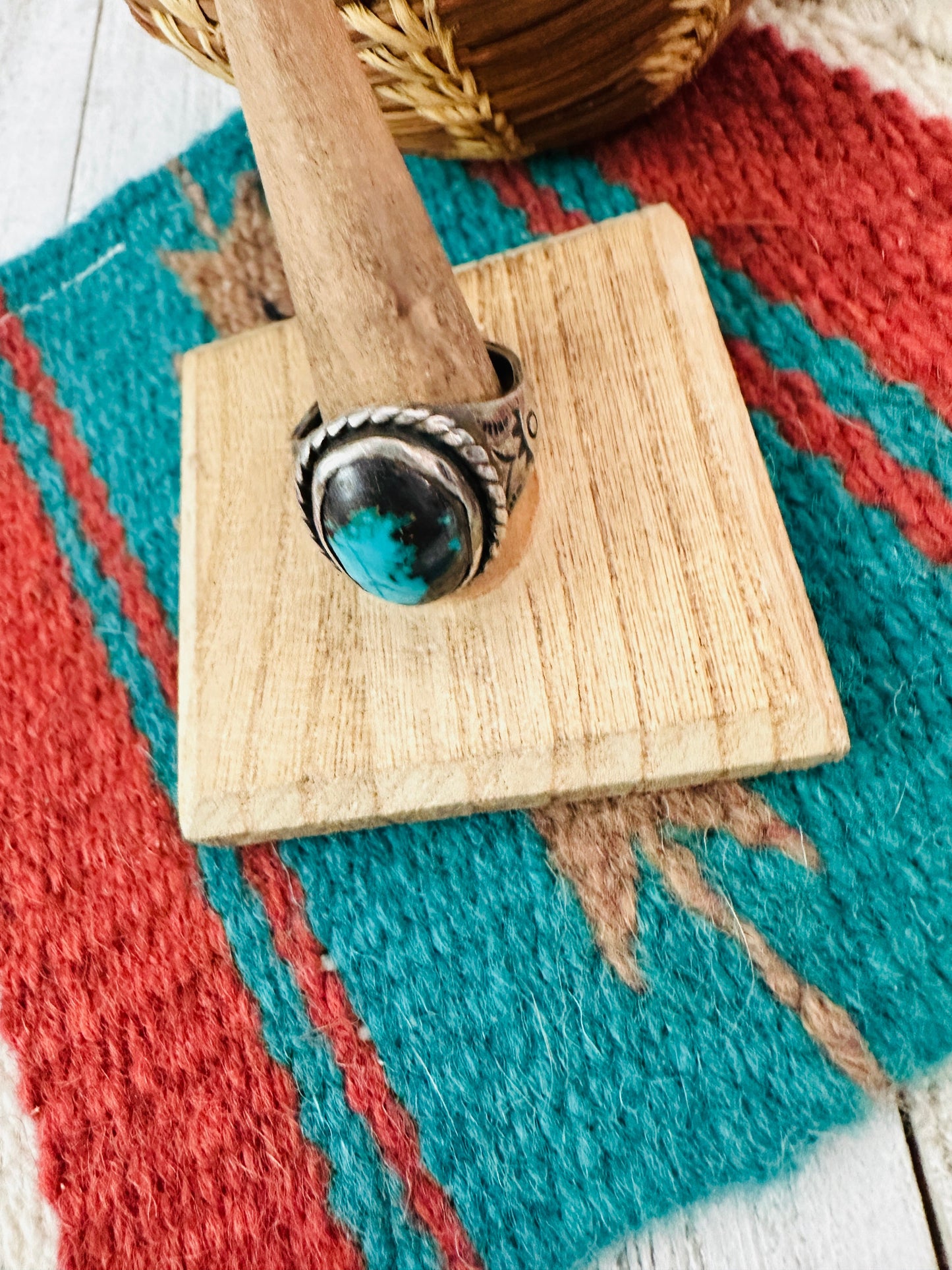 Old Pawn Vintage Navajo Sterling Silver & Turquoise Ring Size 12.5