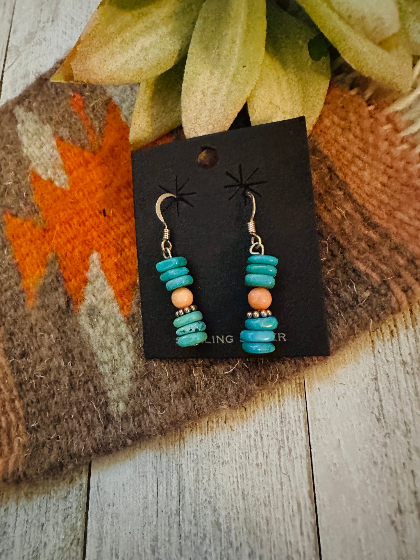 Navajo Turquoise, Spiny & Sterling Silver Beaded Dangle Earrings