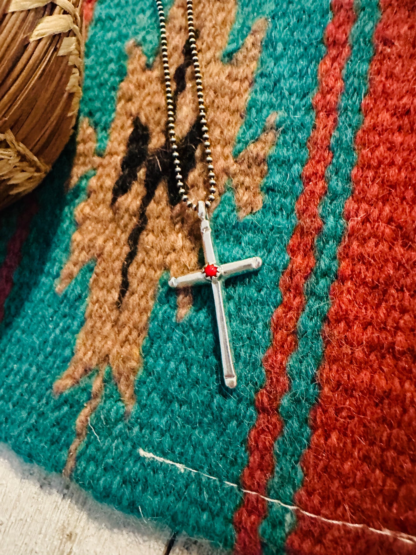 Navajo Sterling Silver & Coral Cross Pendant Signed