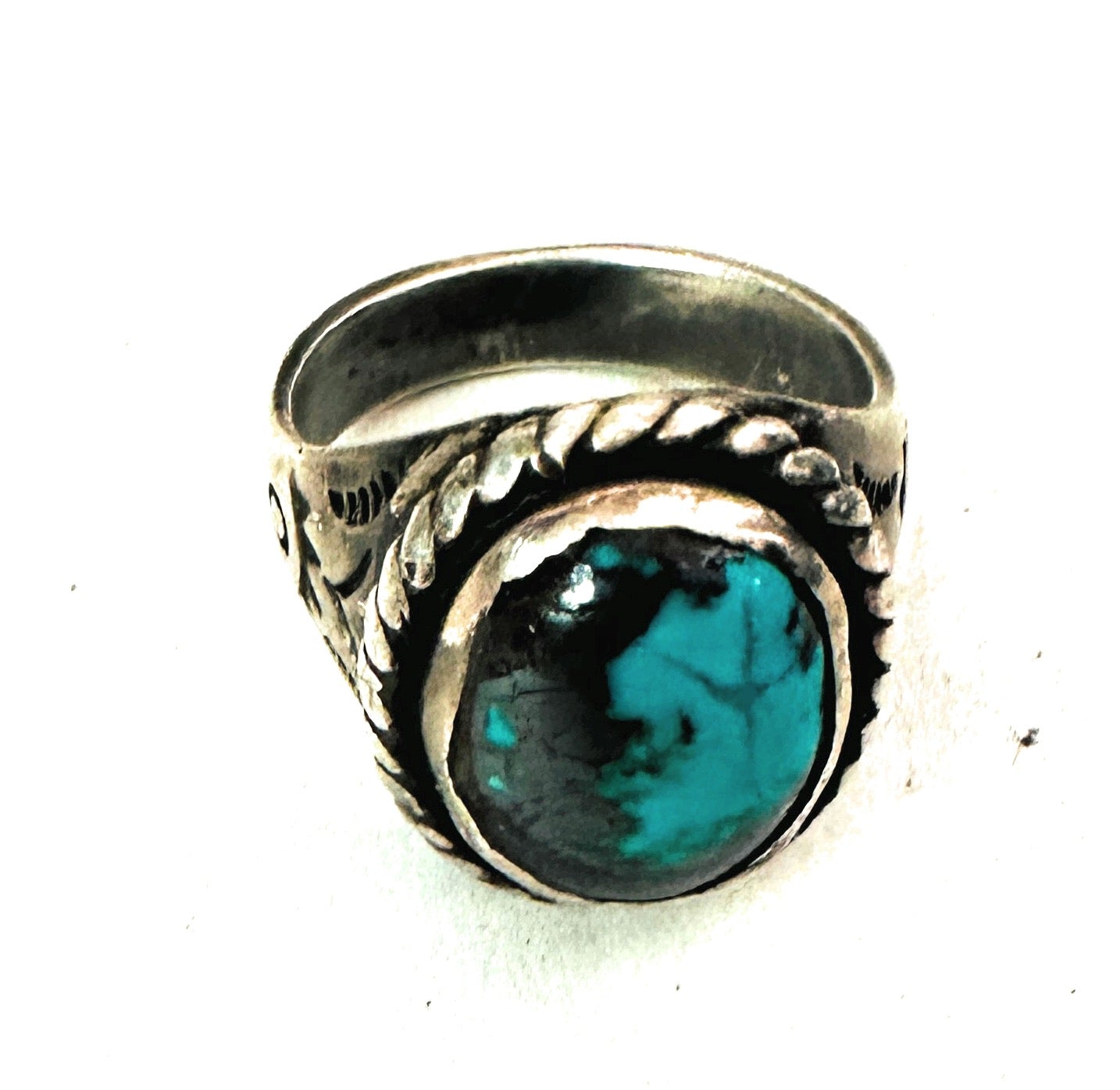 Old Pawn Vintage Navajo Sterling Silver & Turquoise Ring Size 12.5