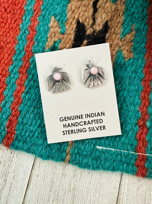 Navajo Sterling Silver & Queen Pink Thunderbird Stud Earrings