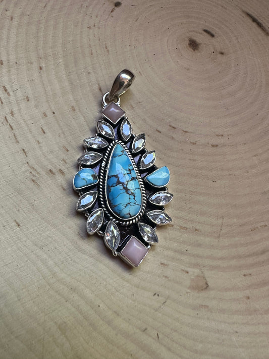 Handmade Sterling Silver, Pink Conch, Golden Hills Turquoise & CZ Pendant