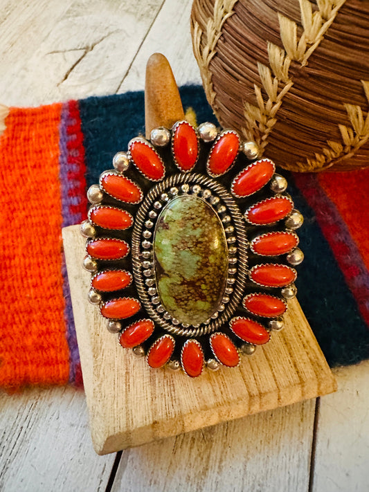 Navajo Kingman Turquoise, Coral & Sterling Silver Adjustable Ring by Hemerson Brown