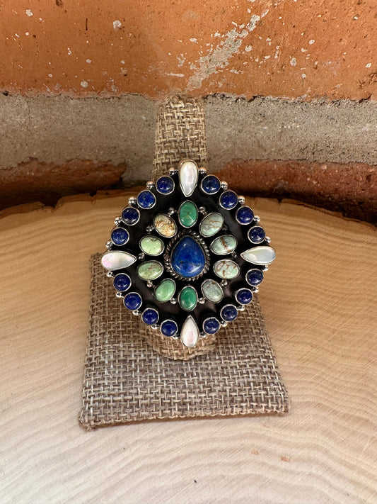 Handmade Turquoise, Lapis. Mother of Pearl & Sterling Silver Adjustable Ring Signed Nizhoni