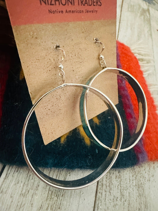Zuni Sterling Silver & Turquoise Inlay Dangle Hoop Earrings