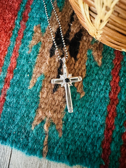 Navajo Black Onyx & Sterling Silver Cross Pendant