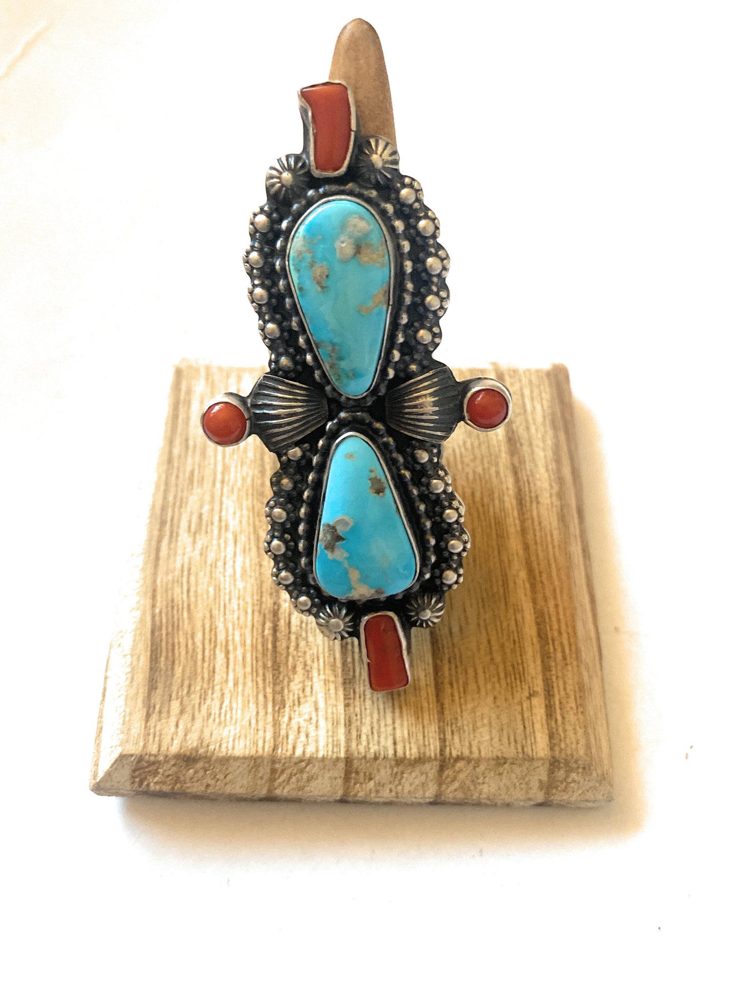 Navajo Sterling Kingman Turquoise & Red Coral Ring Size 8.5 By Shawn Cayatineto