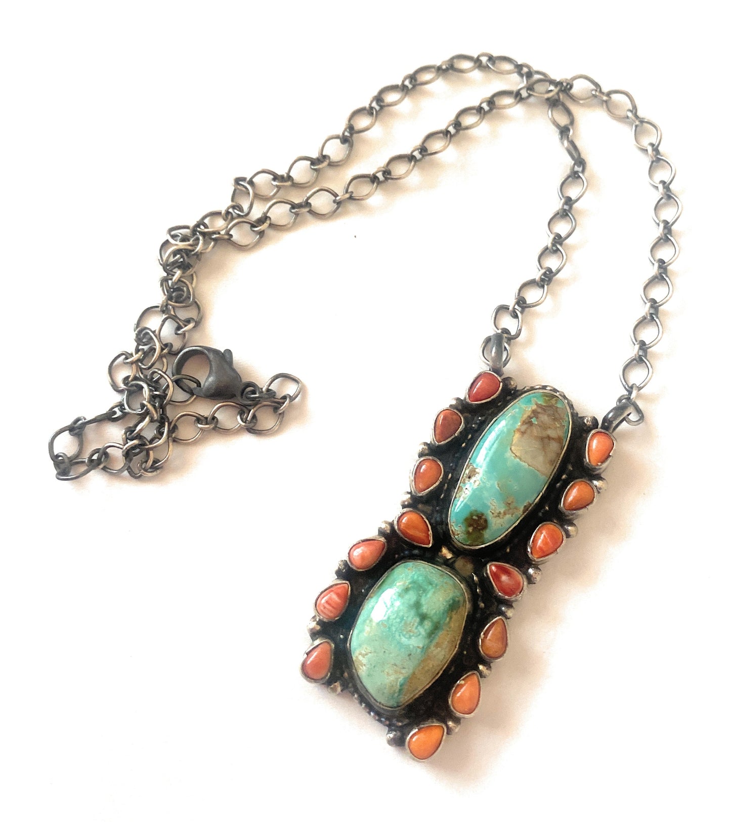 Navajo Sterling Silver, Spiny & Royston Turquoise Cluster Necklace