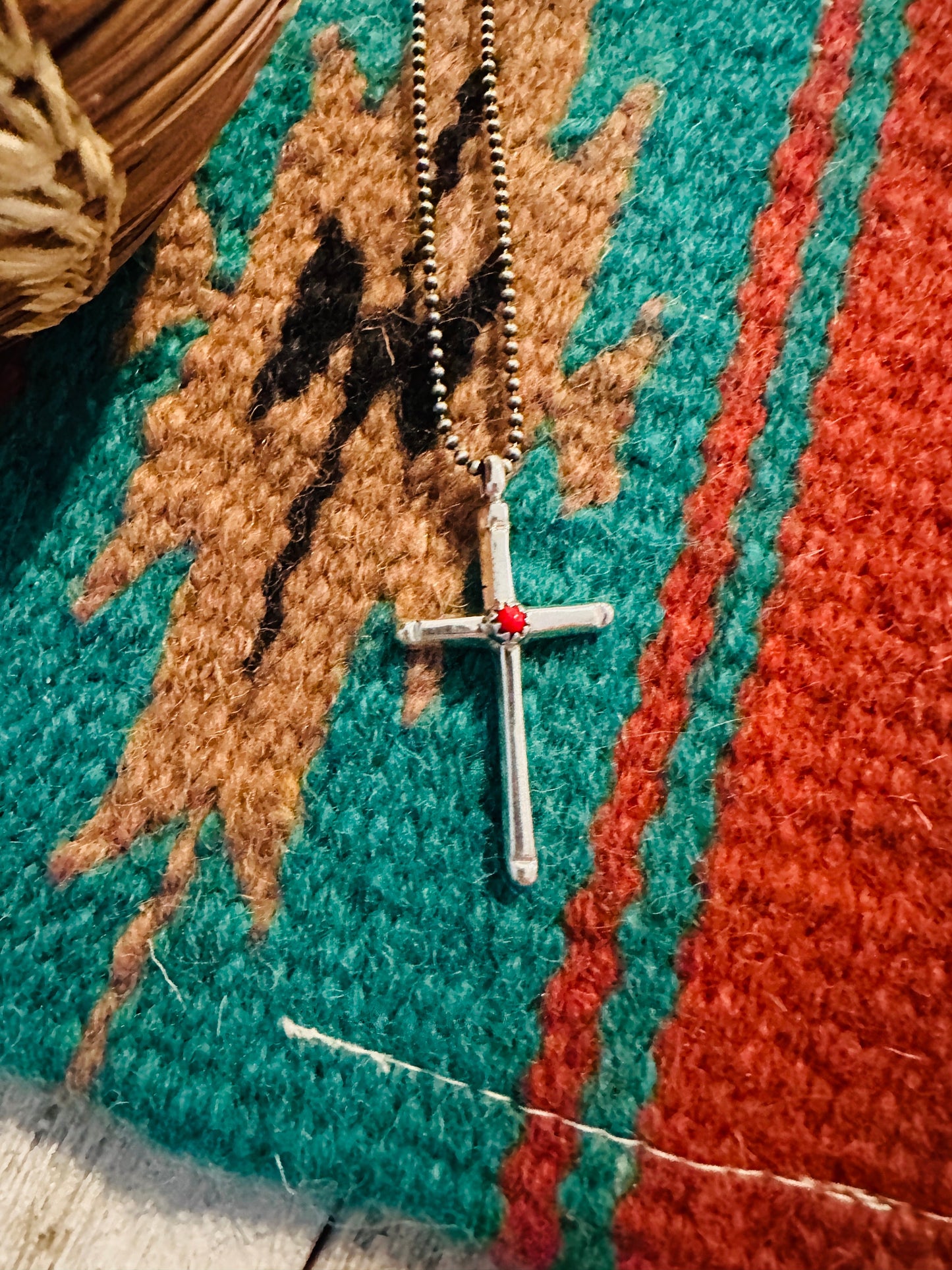 Navajo Sterling Silver & Coral Cross Pendant Signed
